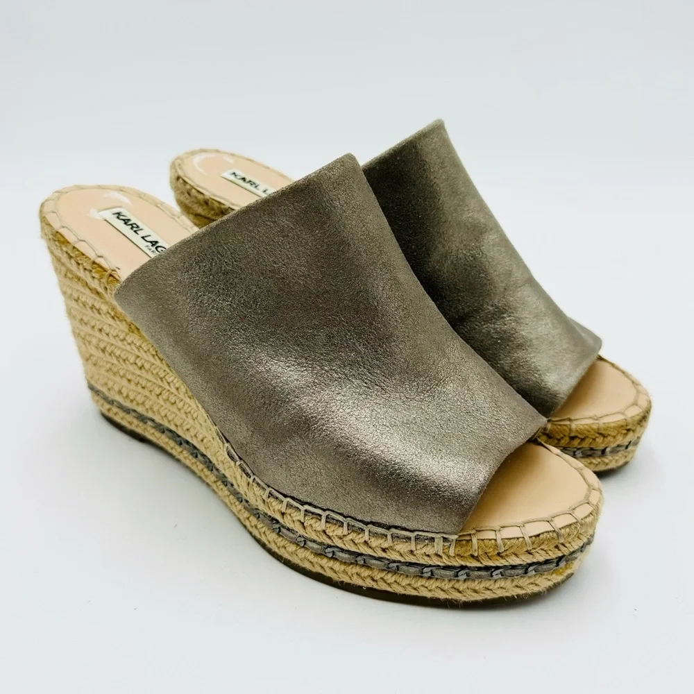 Karl Lagerfield Paris Carina Sparkle Leather Women SlipOn Open Toe Wedge Sandals